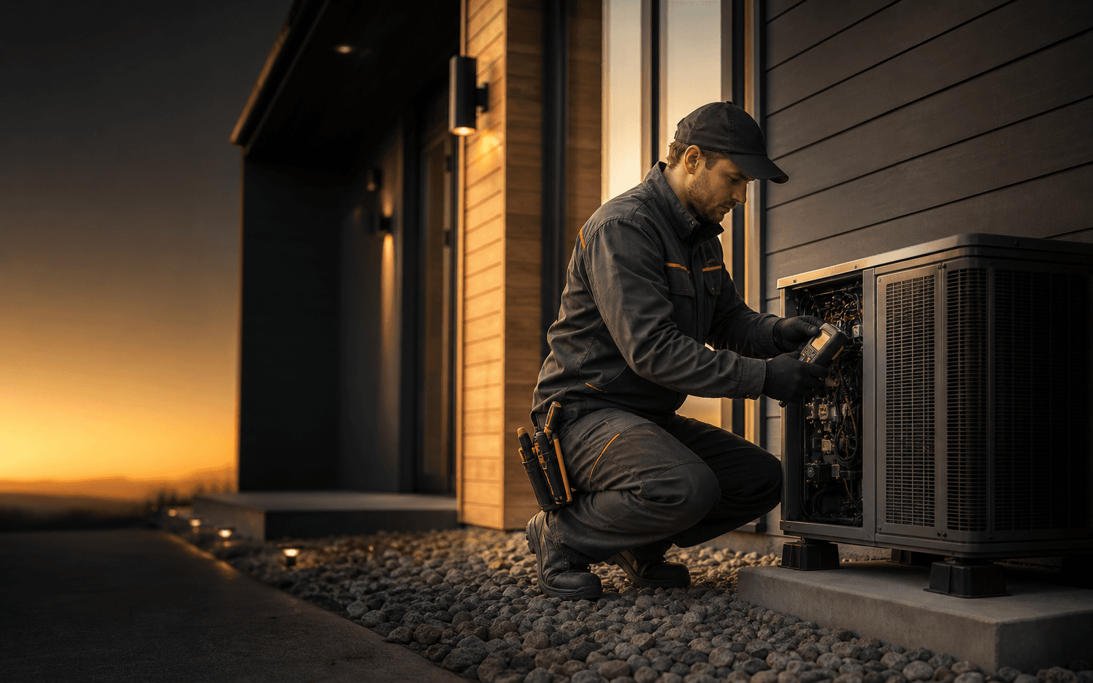 An HVAC technician servicing a modern outdoor air-conditioning system