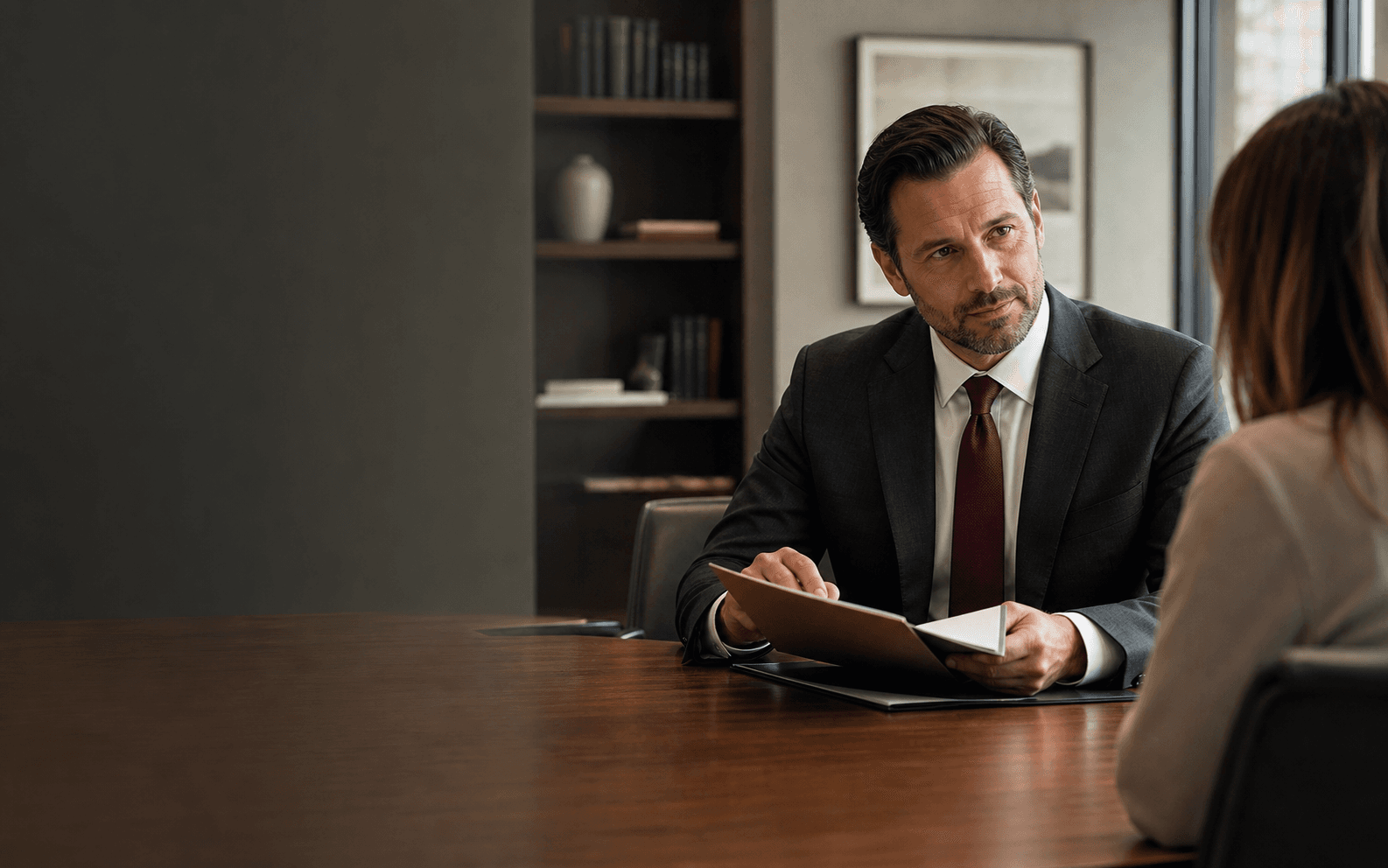 A fictional attorney listening to a client in a modern office