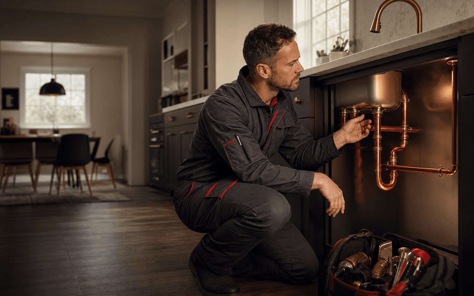 A plumbing professional inspecting copper pipes beneath a kitchen sink