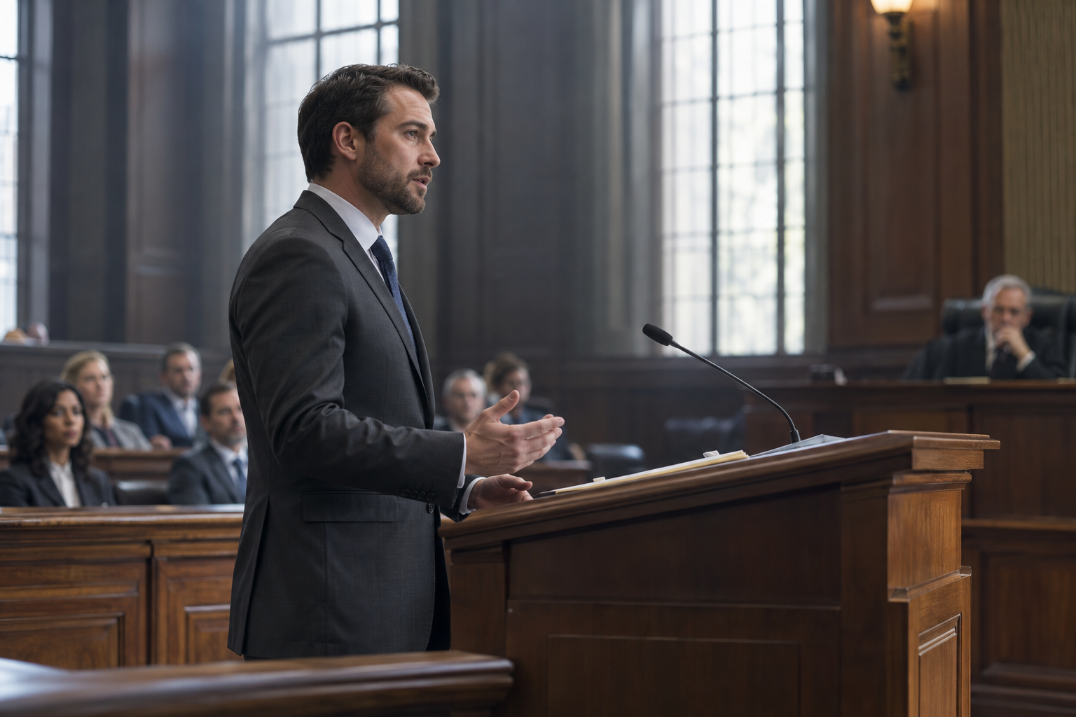 Fictional attorney presenting an argument in court