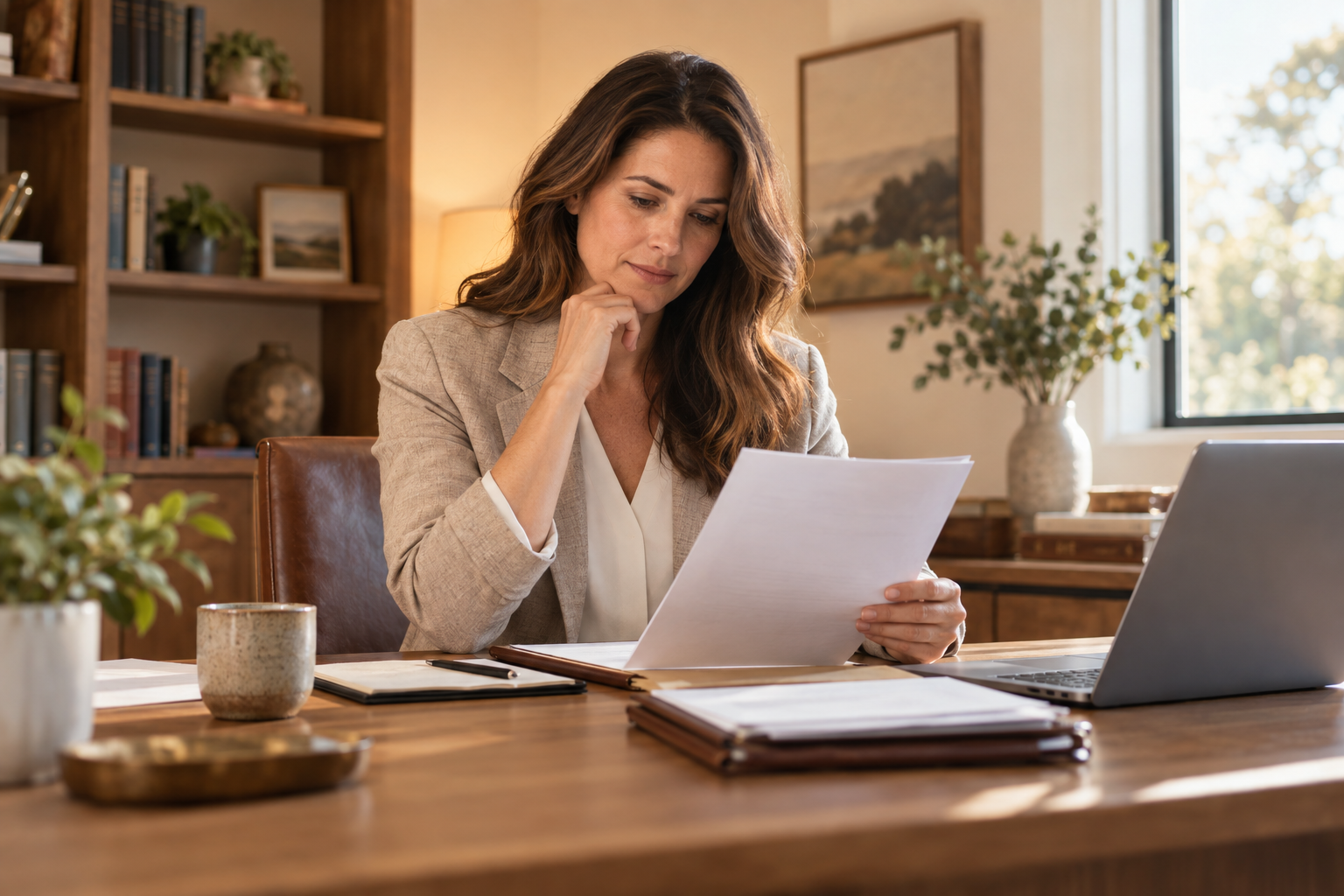 Fictional lawyer reviewing documents at her desk